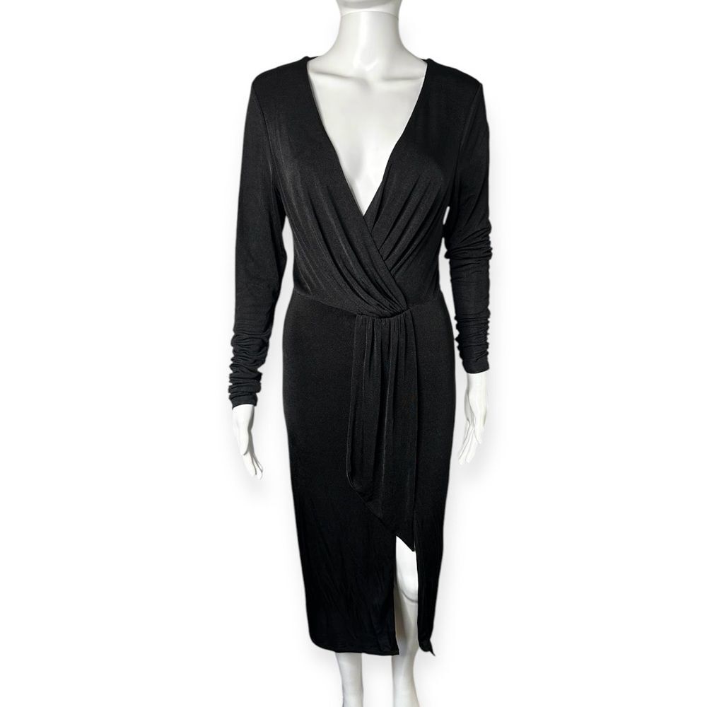 Good American Dress Women’s 2 Faux Wrap Shimmer Black Stretchy Jersey Cocktail